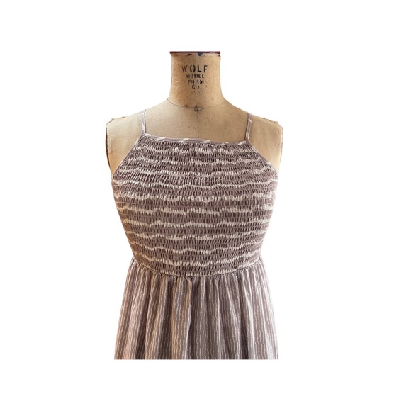 Womens Maxi Dress Brown Striped Tiered Skirt Smocked Sleeveless Pullover S - Picture 2 of 8